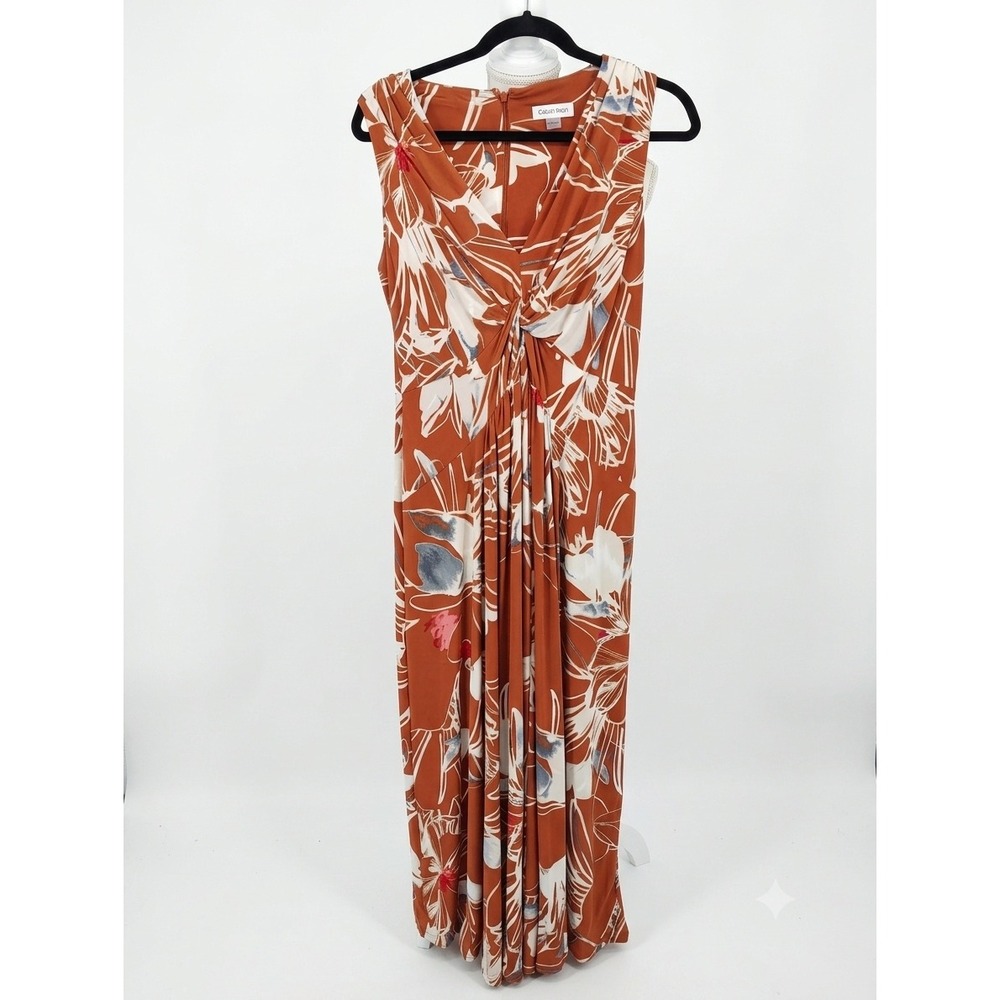 Calvin Klein Rust Orange Floral Twist Front Maxi Dress CD5A8AA8 Womens‎ 12